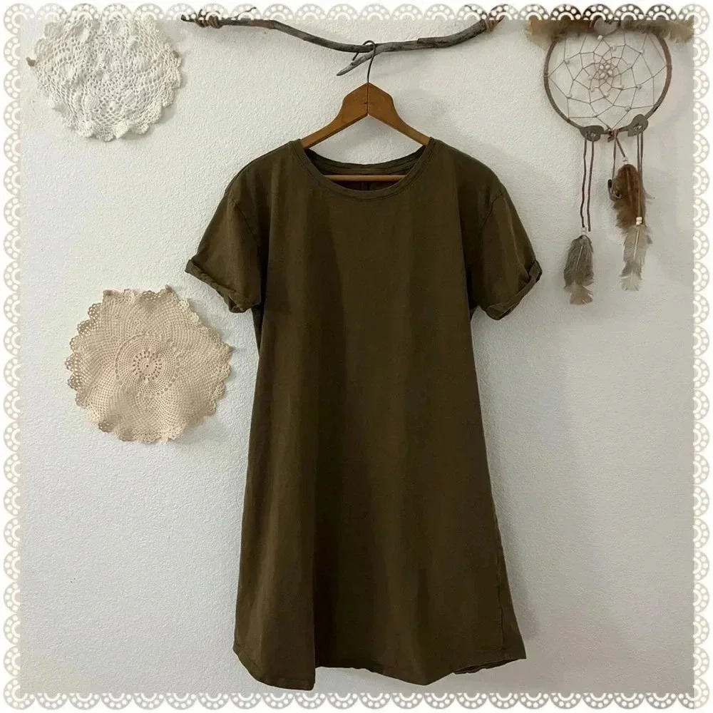 ✨BOGO FREE✨ Daily Ritual | Olive Dark Green Cotton Lounge Sporty T Shirt Dress